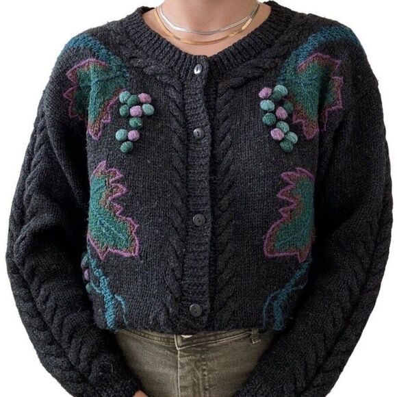 Vintage 1980s Boston Traders Black Wool Chunky Floral Embroidered Cardigan Sz M - Picture 1 of 8